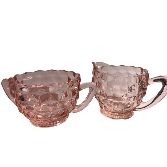 Vintage Pink Depression Glass Jeannette Cube / Cubist Creamer and Sugar - Picture 1 of 4